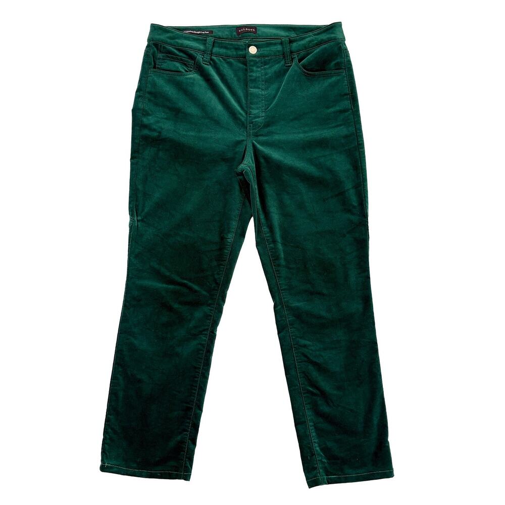 Talbots Velvet Pant Womens 10P Emerald Green Straight Leg Velvet Preppy Holiday